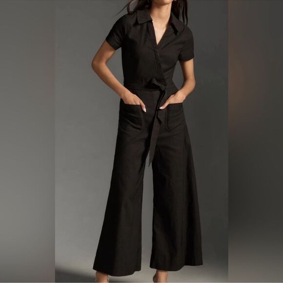 Anthropologie Maeve Colette Wrap Jumpsuit Linen Edition in Black Size 12 - Picture 1 of 13